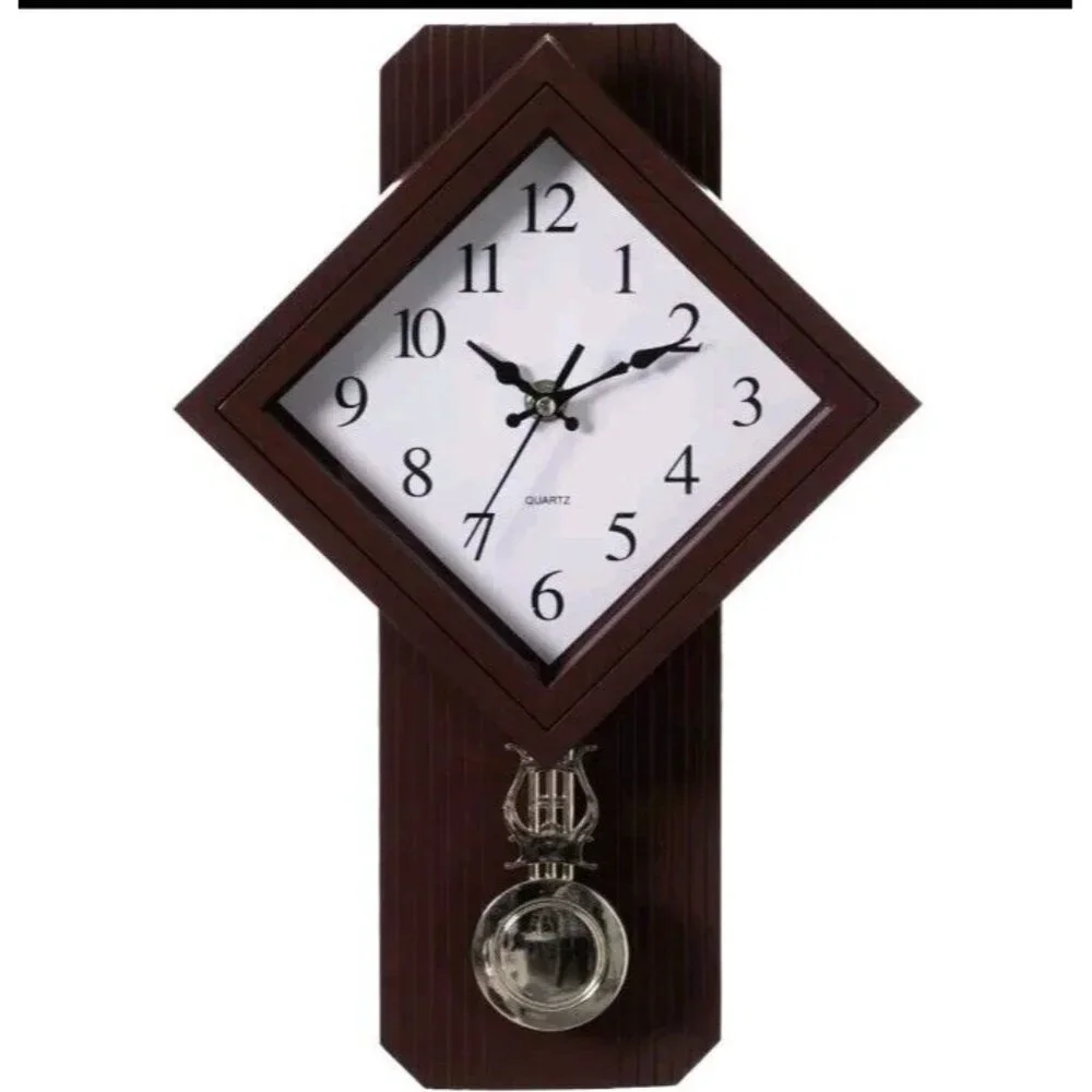 Wood-Look Pendulum Plastic Wall Clock Vintage For Living Room Kitchen Or Dining